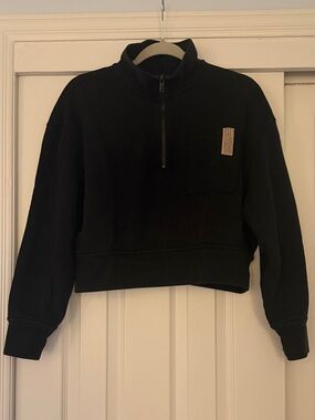 lunya Black Cropped Quarter-Zip Silksweat Sweatshirt